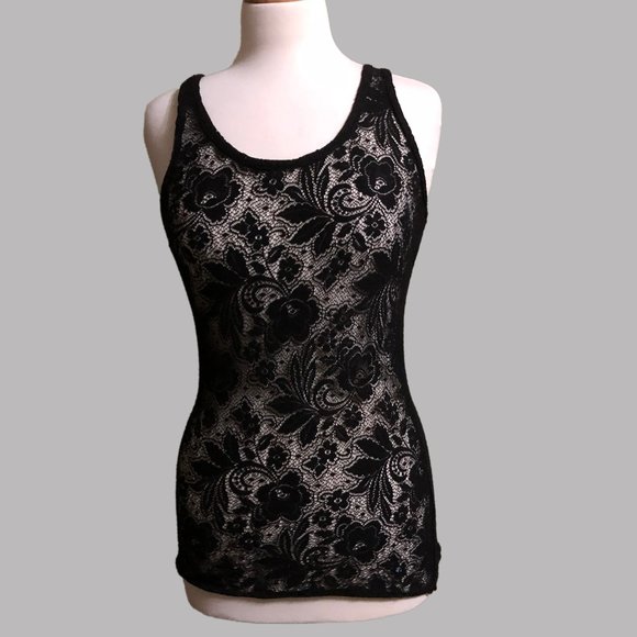 Black Royal Plush Floral Lace Tank Top - Picture 1 of 8